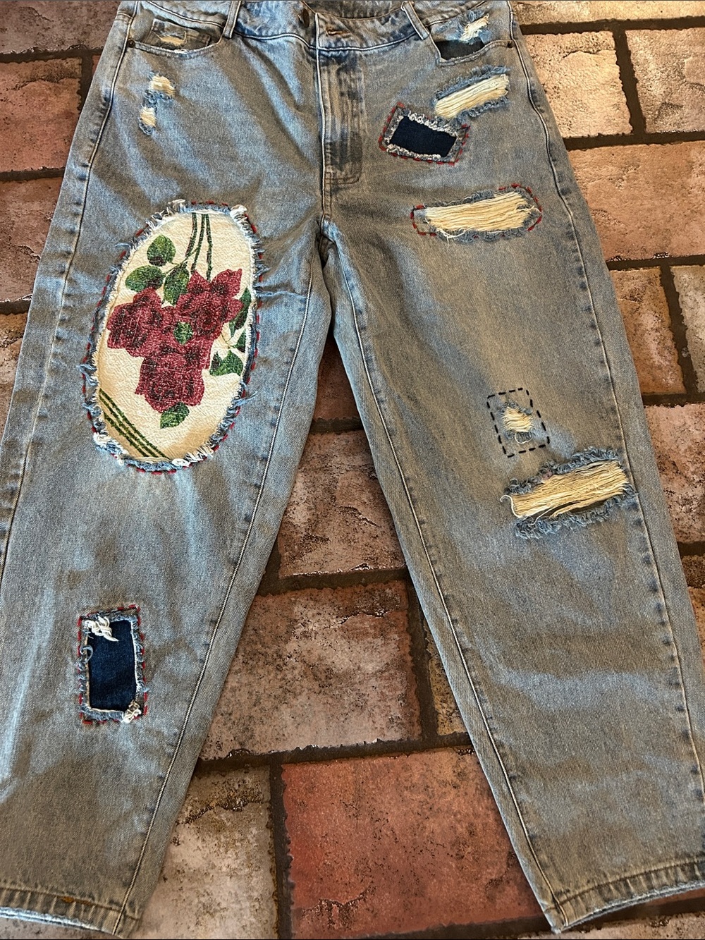 Light Wash Boyfriend Jeans with Red Floral Embroidered Patch